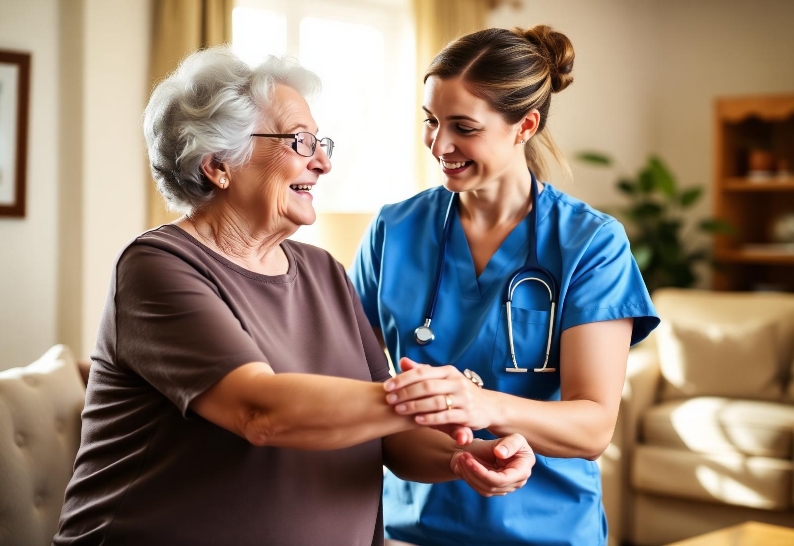 Caregiver assisting a smiling senior resident